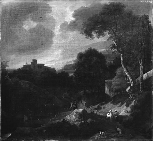 Mountainous Landscape with a Monastery, 1689, Abraham Genoels