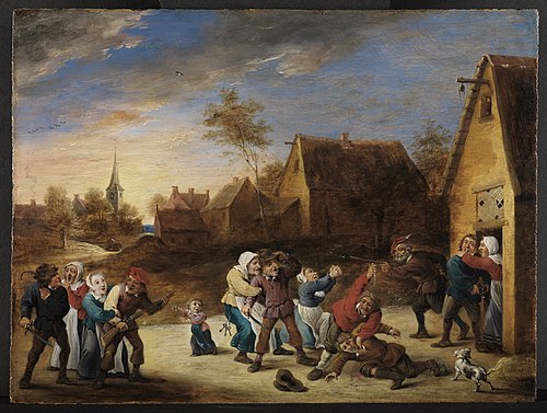 Brawling peasants in front of a tavern, 1650, Abraham Teniers