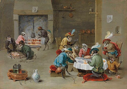 Monkeys smoking, drinking and preparing a meal in a kitchen, 1657, Abraham Teniers