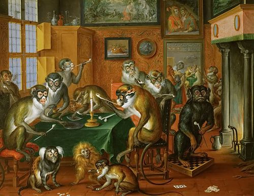 Tabakskollegium with monkeys, 1650, Abraham Teniers