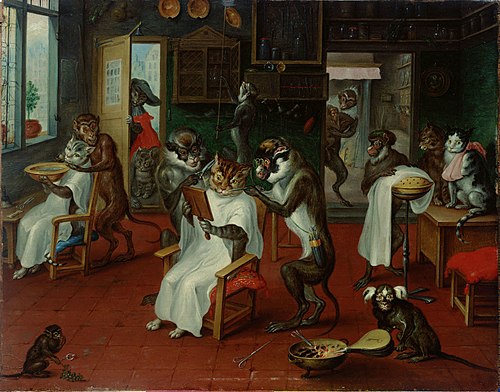 Barbershop with monkeys and cats, 1650, Abraham Teniers