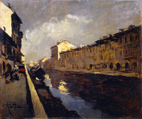 The towpath of the Naviglio Grande in Milan, 1920, Achille Cattaneo