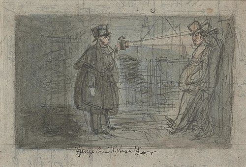 Watchman shining a torch on a Drunken Figure, , George Cruikshank