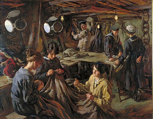 WRNS Ratings Sail-making: On Board 'HMS Essex' at Devonport, 1918, 1918, Stanhope Forbes