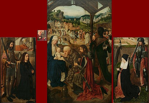 The Adoration of the Magi, altarpiece with shutters; left shutter, the donor with St Bavo; right shu, 1487, Geertgen tot Sint Jans