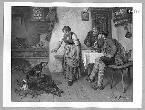 Zwei Jäger mit Mädchen in der Stube und Gemsbock, 1886, Adolf Eberle