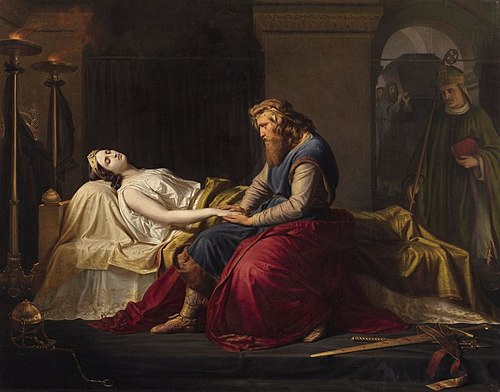 The Emperor Charlemagne at the bedside of his late wife Fastrada., 1857, Adolf Ehrhardt