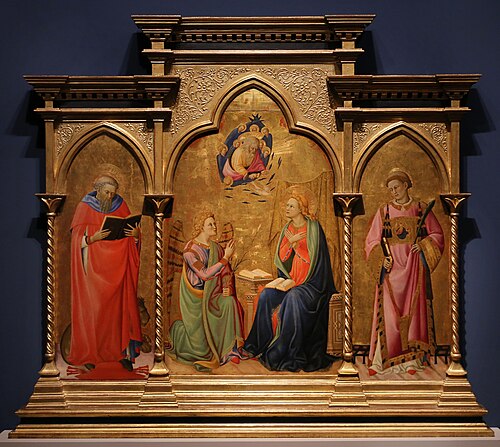 Parts of a triptych: Annunciation and saints Jerome and Lawrence, 1427, Paolo Schiavo