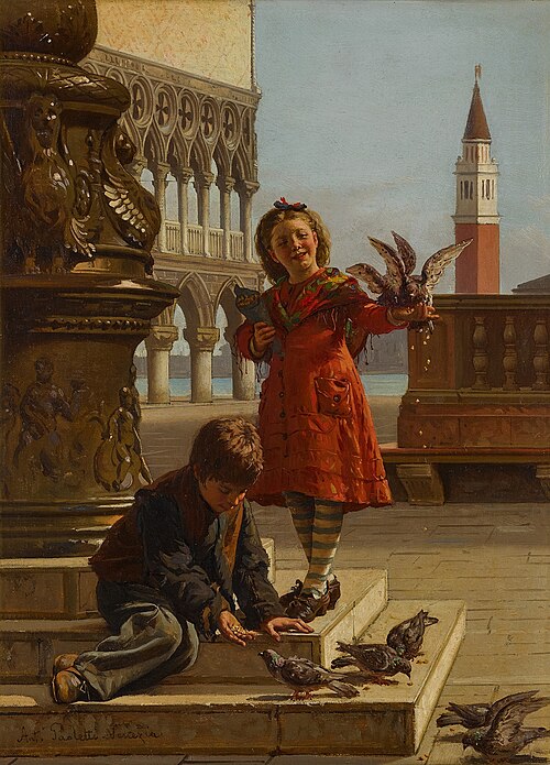 Feeding the pigeons, 1912, Antonio Ermolao Paoletti