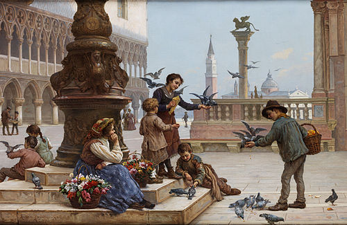 Tauben fütternde Kinder in Venedig, 1912, Antonio Ermolao Paoletti