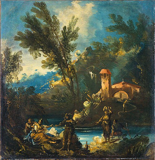 A wooded river landscape with figures, 1724, Antonio Francesco Peruzzini