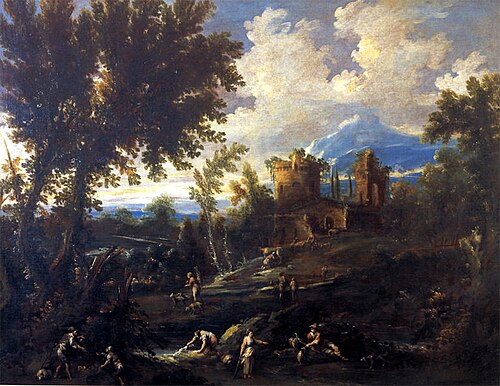 Paessaggio alberato con torre e borgo in rovina, 1724, Antonio Francesco Peruzzini