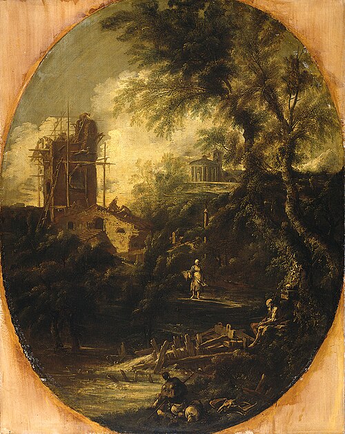 Landscape with Hermit, Pilgrim and Peasant Woman, 1710, Antonio Francesco Peruzzini