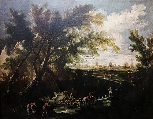 Landscape with a water carrier (detail)., 1700, Antonio Francesco Peruzzini