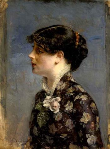 Bust of young brunette in profile, left, flowered blouse, 1881, Giovanni Boldini