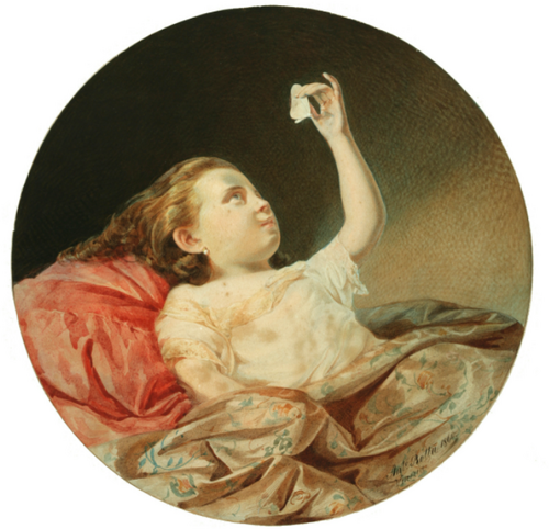 Petite Fille en lit bébé avec papillon, 1860, Antonio Rotta