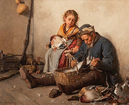 Interior scene with a grandfather and granddaughter plucking ducks, 1883, Antonio Rotta