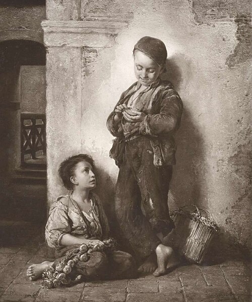 Enfants avec panier et tresse d'oignons, 1855, Antonio Rotta