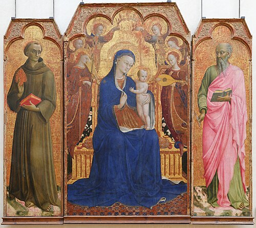 La Vierge et l'Enfant entourés d'anges, Saint Antoine de Padoue et Saint Jean l'Évangéliste, 1440, Sassetta