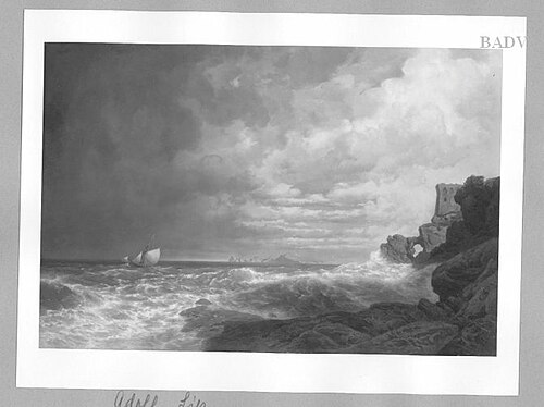 Meeresküste mit Ruine und Segelschiff, 1861, Adolf Heinrich Lier