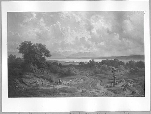 Vorgebirgslandschaft mit See und Staffage, 1858, Adolf Heinrich Lier