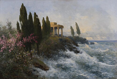 Mediterrane Landschaft mit antikem Tempel, 1916, Adolf Kaufmann