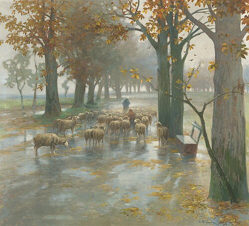 Flock of Sheep with Shepherdess on a Rainy Day, 1916, Adolf Kaufmann