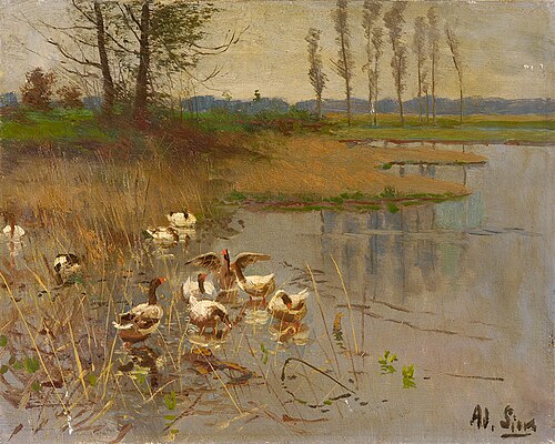 Seelandschaft mit Gänsen, , Adolf Lins