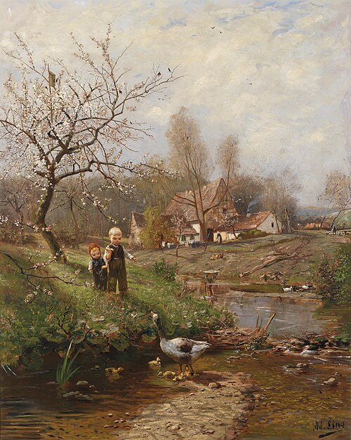 Frühlingslandschaft mit zwei Kindern und Gänsen, 1927, Adolf Lins