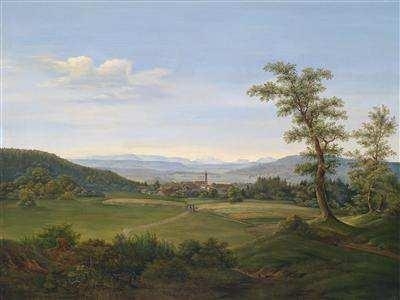 Blick von Mattighofen gegen das Salzkammergut mit Traunstein, 1866, Adolf Obermüllner