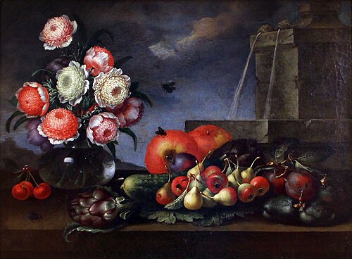 anemoni in un vaso di vetro, frutta, ortaggi e una fontana, 1675, Bartolomeo Ligozzi