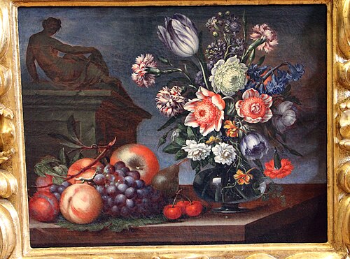 fiori in vaso, frutta su tavolo e scultura, 1675, Bartolomeo Ligozzi