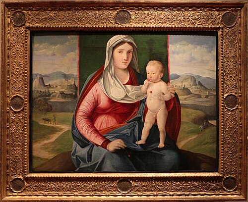 madonna col bambino con fondo di paesaggio, , Benedetto Diana