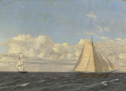 A cutter and a brig at sea., 1850, Christoffer Wilhelm Eckersberg