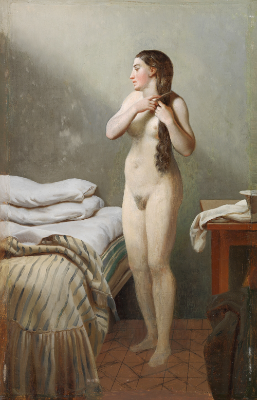 A female standing by a bed, combing her hair., 1850, Christoffer Wilhelm Eckersberg