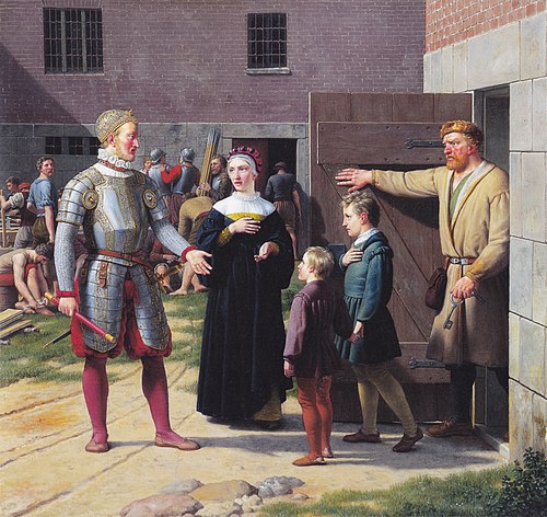Frederik I releases the widow and children of Sten Sture from captivity, 1833, Christoffer Wilhelm Eckersberg