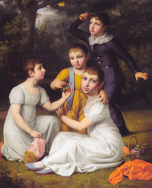 Portrait of Johannes Søbøtker's four oldest children in Hummeltofte., 1806, Christoffer Wilhelm Eckersberg