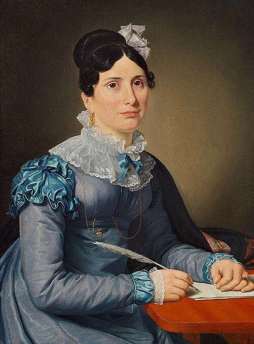 Portræt af Sarah Wolff f. Cruttendon siddende i blå kjole, skrivende et brev, 1821, Christoffer Wilhelm Eckersberg