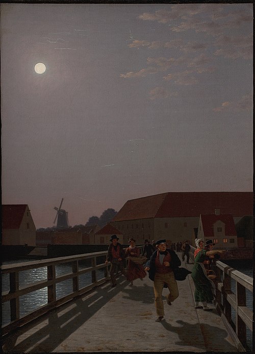 Langebro, Copenhagen, in the Moonlight with Running Figures, 1836, Christoffer Wilhelm Eckersberg