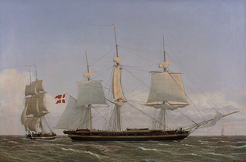 A Danish Corvette Laying t in order to Confer with a Danish Brig: The Scene Being Set in West Indian, 1827, Christoffer Wilhelm Eckersberg