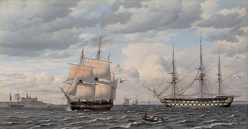 Russian sailing ships off Kronborg castle, 1826, Christoffer Wilhelm Eckersberg