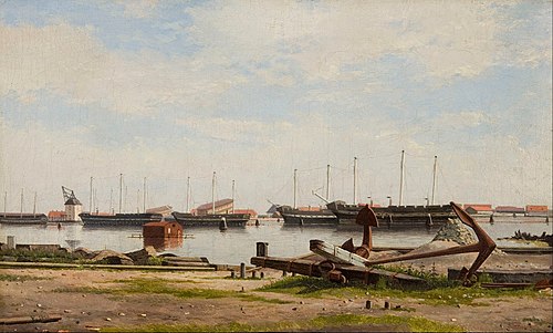 View of the wharf at Nyholm with the crane and some warships, 1826, Christoffer Wilhelm Eckersberg