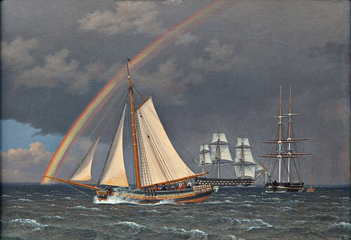 Rainbow at sea with some cruising ships, 1836, Christoffer Wilhelm Eckersberg