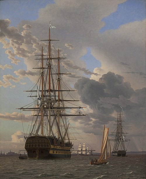 The Russian Ship of the Line "Asow" and a Frigate at Anchor in the Roads of Elsinore, 1828, Christoffer Wilhelm Eckersberg