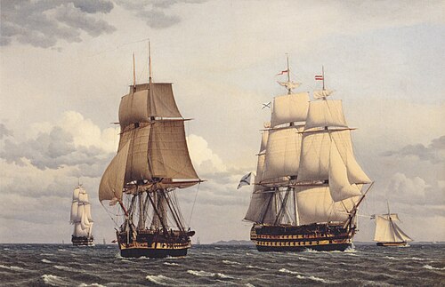 Two Russian Ships of Line in the Øresund. A frigate heaving to., 1829, Christoffer Wilhelm Eckersberg