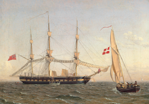 An English frigate at anchor, drying sails and a Danish pilot boat., 1822, Christoffer Wilhelm Eckersberg
