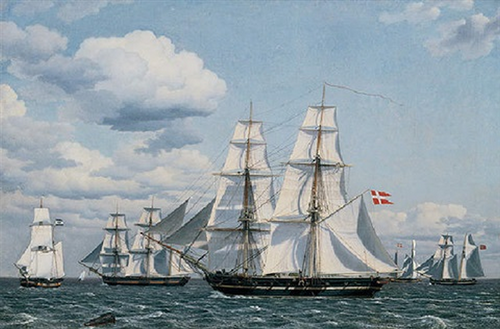 View of several merchant vessels at full sail. In the foreground a Danish Navy brig., 1827, Christoffer Wilhelm Eckersberg