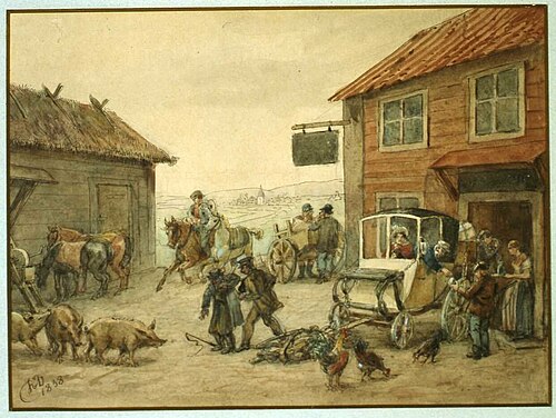 En skjutsbonde blir utskälld och en kommer med sina hästar., 1838, Fritz Ludvig Dardel