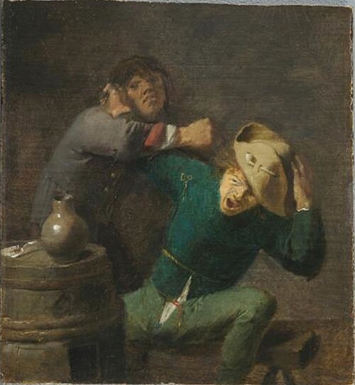 Deux paysans se bagarrant au tonneau, 1631, Adriaen Brouwer