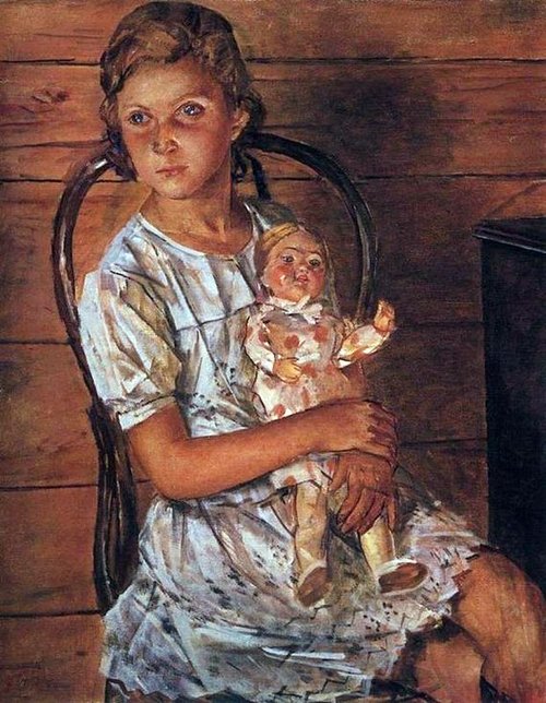 A girl with a doll, 1937, Kouzma Petrov-Vodkine